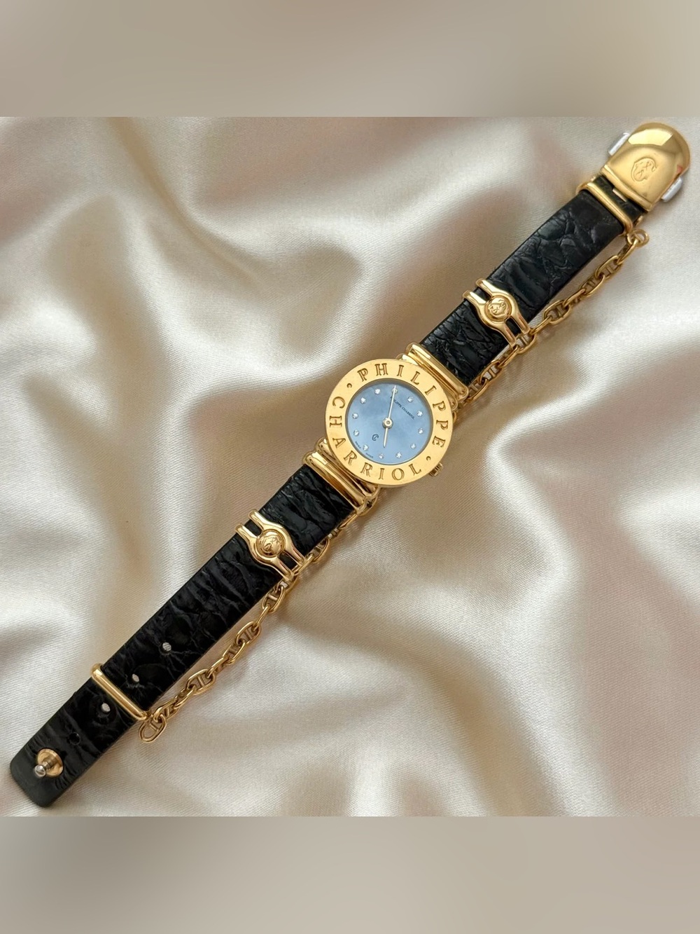 AUTHENTIC VINTAGE PHILIPPE CHARRIOL MOTHER-OF-PEARL BLACK LEATHER WATCH - Picture 3 of 8